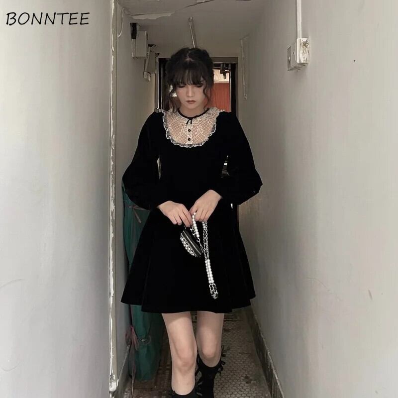 【新作】【送料無料】 長袖ドレスの女性フレンチスタイル O ネックレースパッチワーク A ライン柔らかいトレンディなミニエンパイアオールマッチシンプルな居心地の Vestido 女性 021150296485