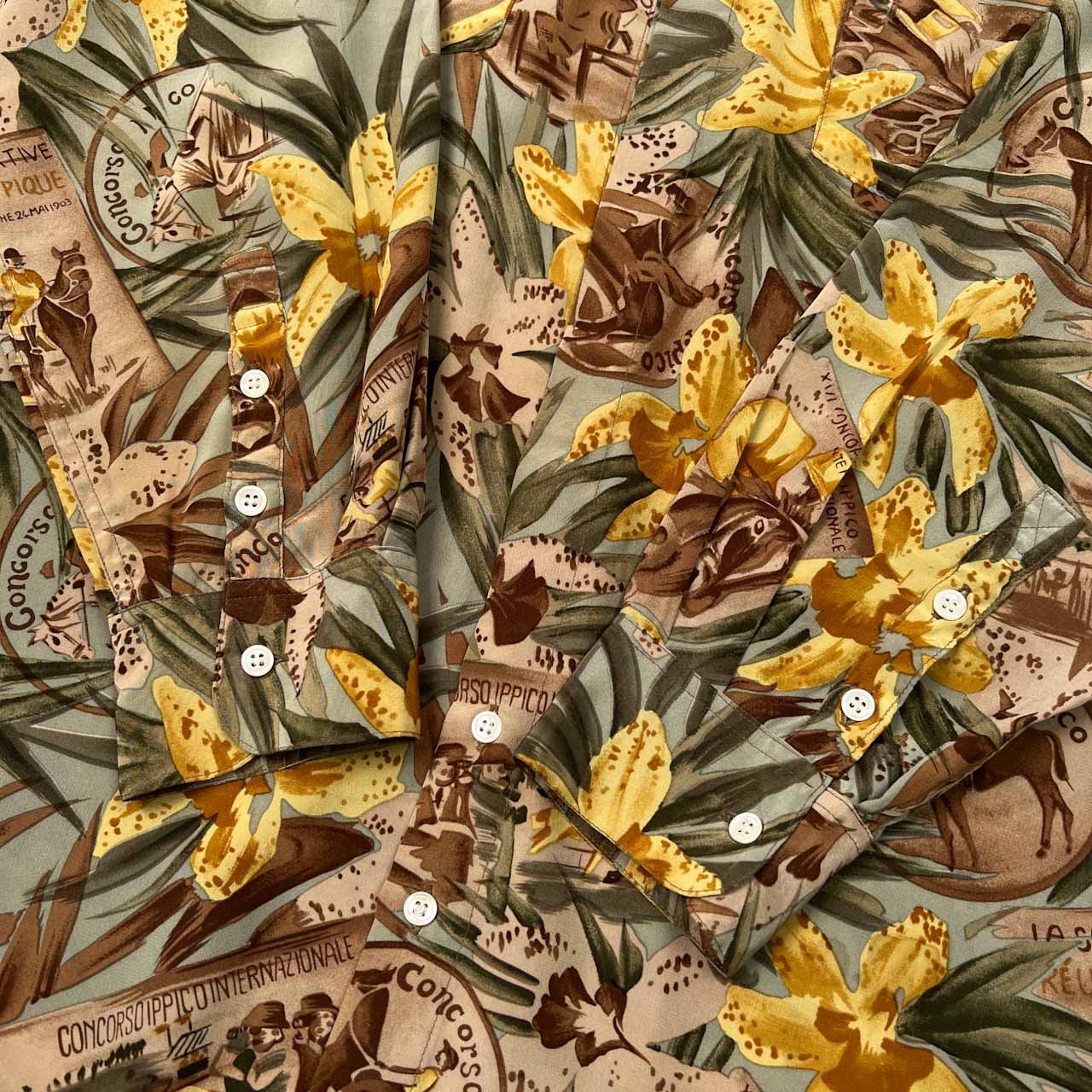 PAPAS パパス 花柄&ホース柄 総柄 シルク100% 長袖シャツ サイズ L /グリーン系/絹100%