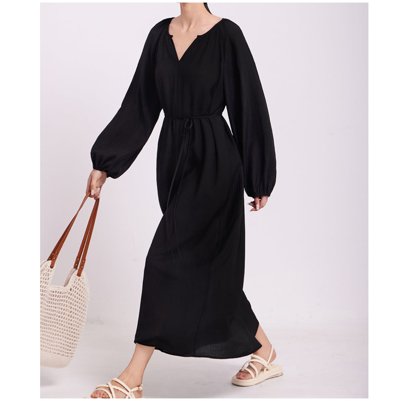 バルーンスリーブVネックマキシワンピース 00998