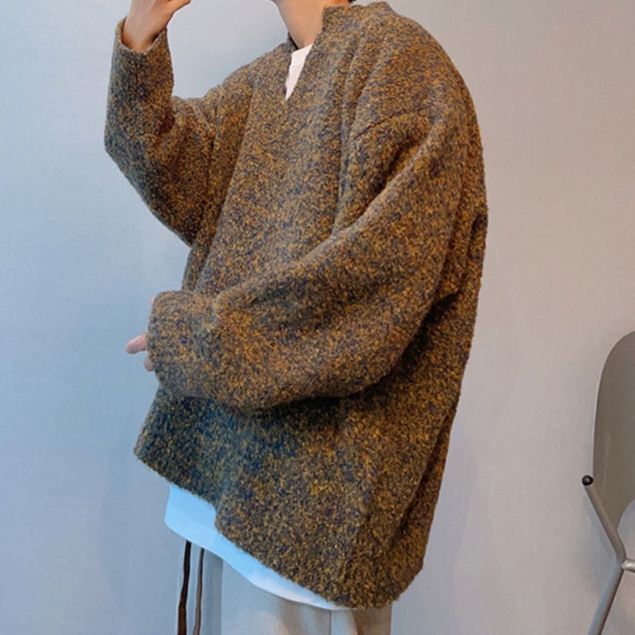 カラーミックスV ネックオフショルダーニット　1043