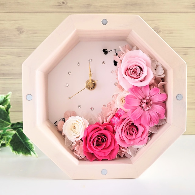 プリザーブドフラワー八角形花時計S 【Épanoui-エパヌイ-】 | ピンク | 置時計 | 壁掛け時計