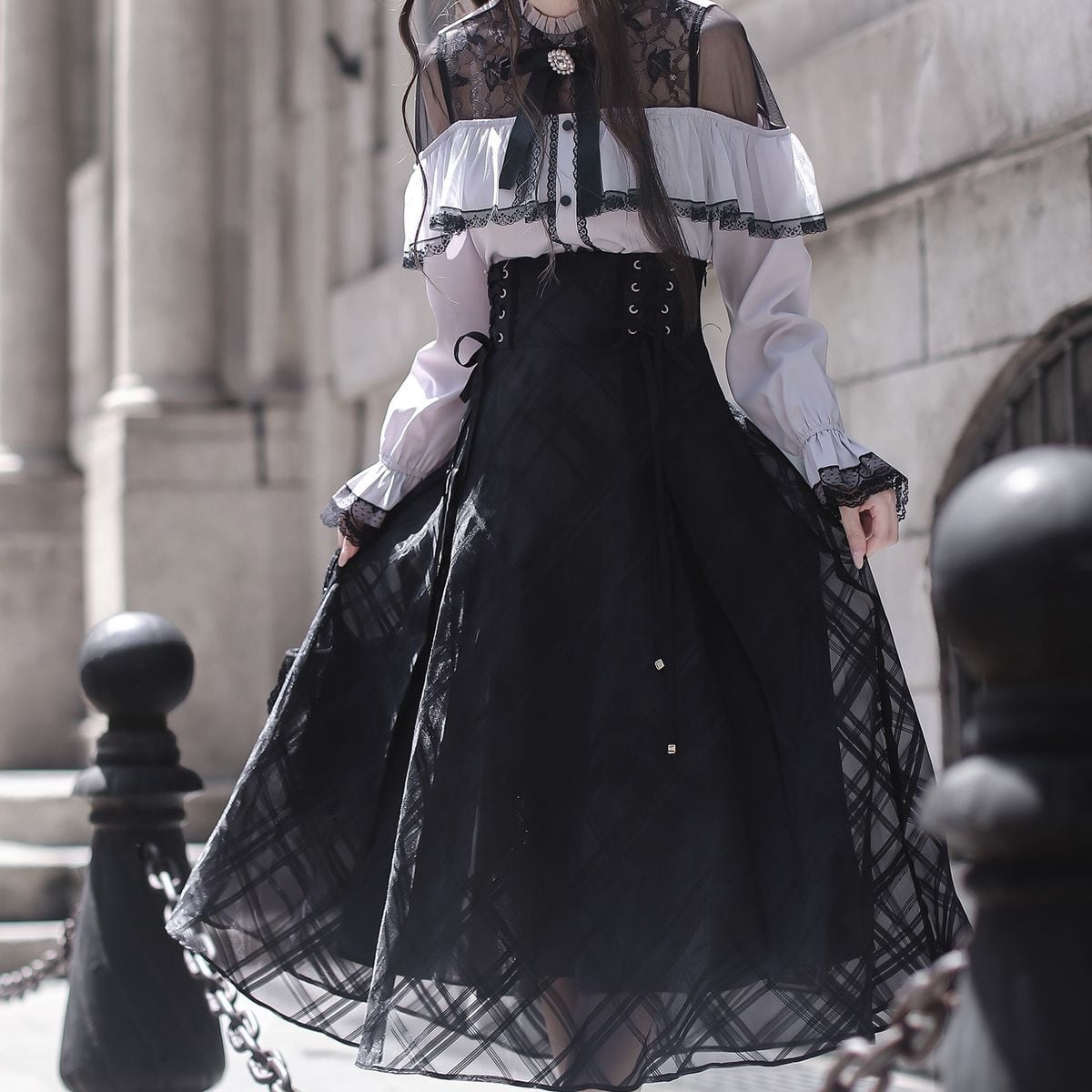 シースルーショルダーロングスカートセットアップ：スカート