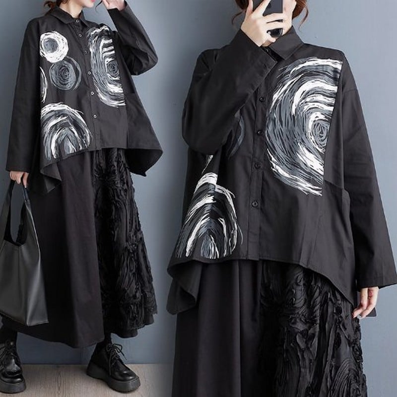 アートプリントアシンメトリックシャツ10787