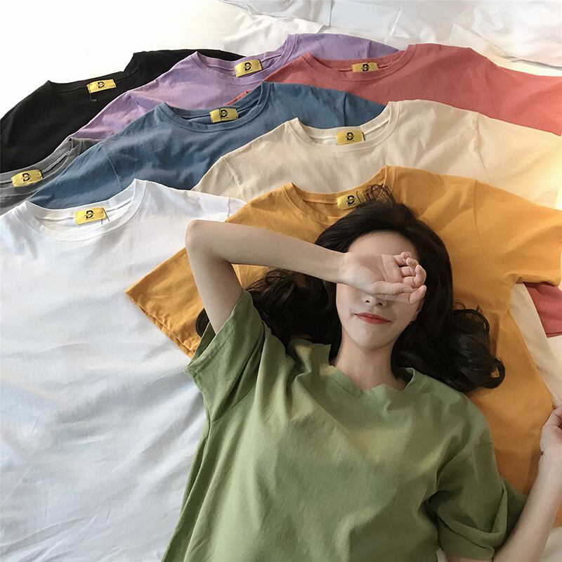 ピュアカラーベーシックカラーTシャツレディース半袖Tシャツ2020新しいルーズバージョンのボトミングシャツトップトレンディなレディースTシャツ YY-ファッション7750060407
