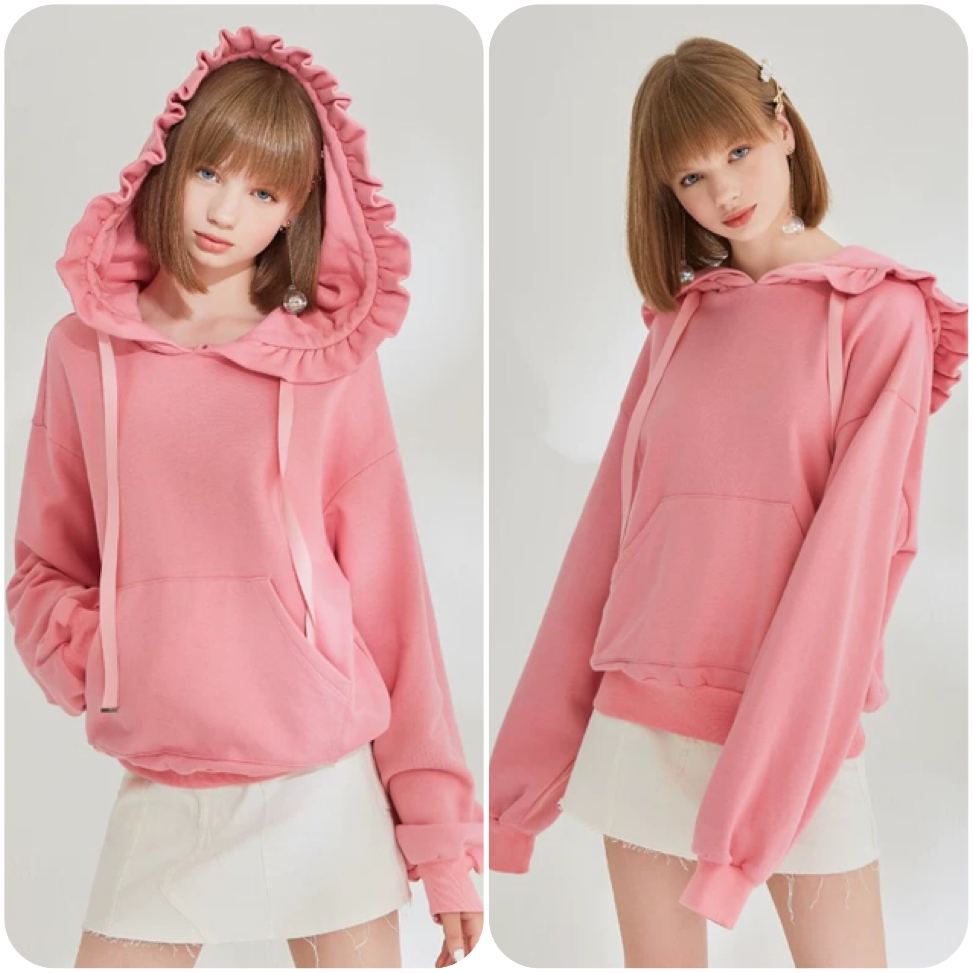 ピンク フード パーカー トップス トレーナー フリル リボン ポケット