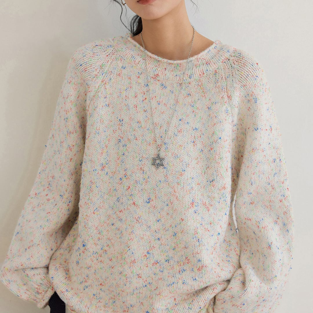 colorful floral pattern round neck white sweater
