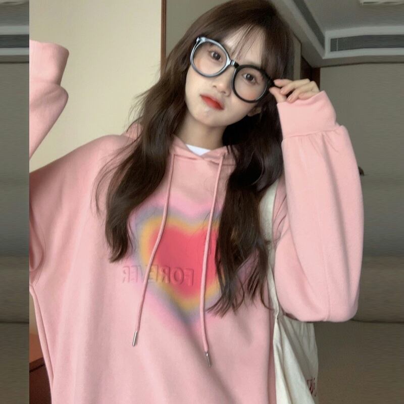 フードセーター スプリングオータム薄手ルーズスタイル ピンク 春物 秋物 試着室21410821770