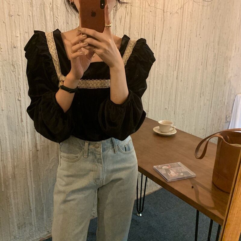 ベルベットシャツ トップス オータムスタンダード長袖スリーブレースルーズカラー ロング レトロ 秋物 スクウェア ステッチ ビッグFスモールZ韓国67722677506