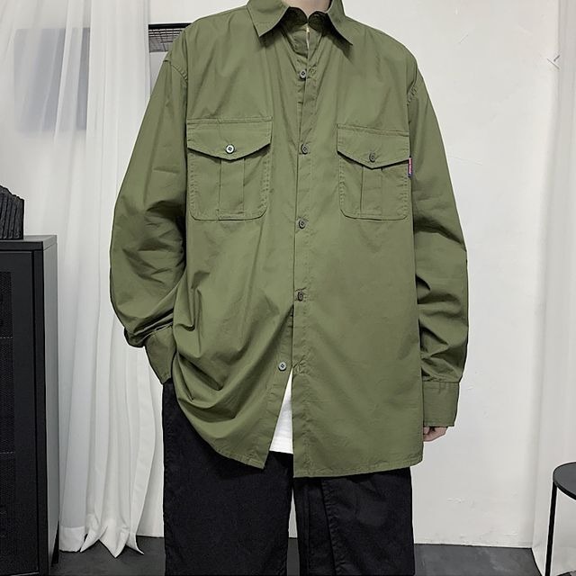 予約販売】シャツ 長袖 メンズ 無地 ブラック カーキ ベージュ 