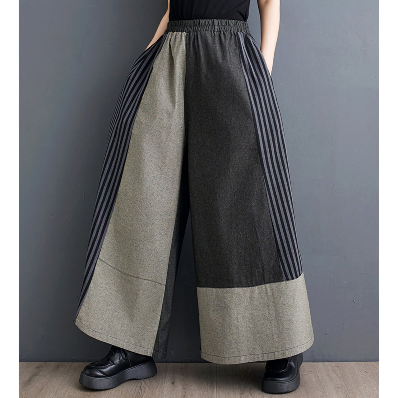 パッチワークデザイン ワイドシルエット ガウチョパンツ Ln00039