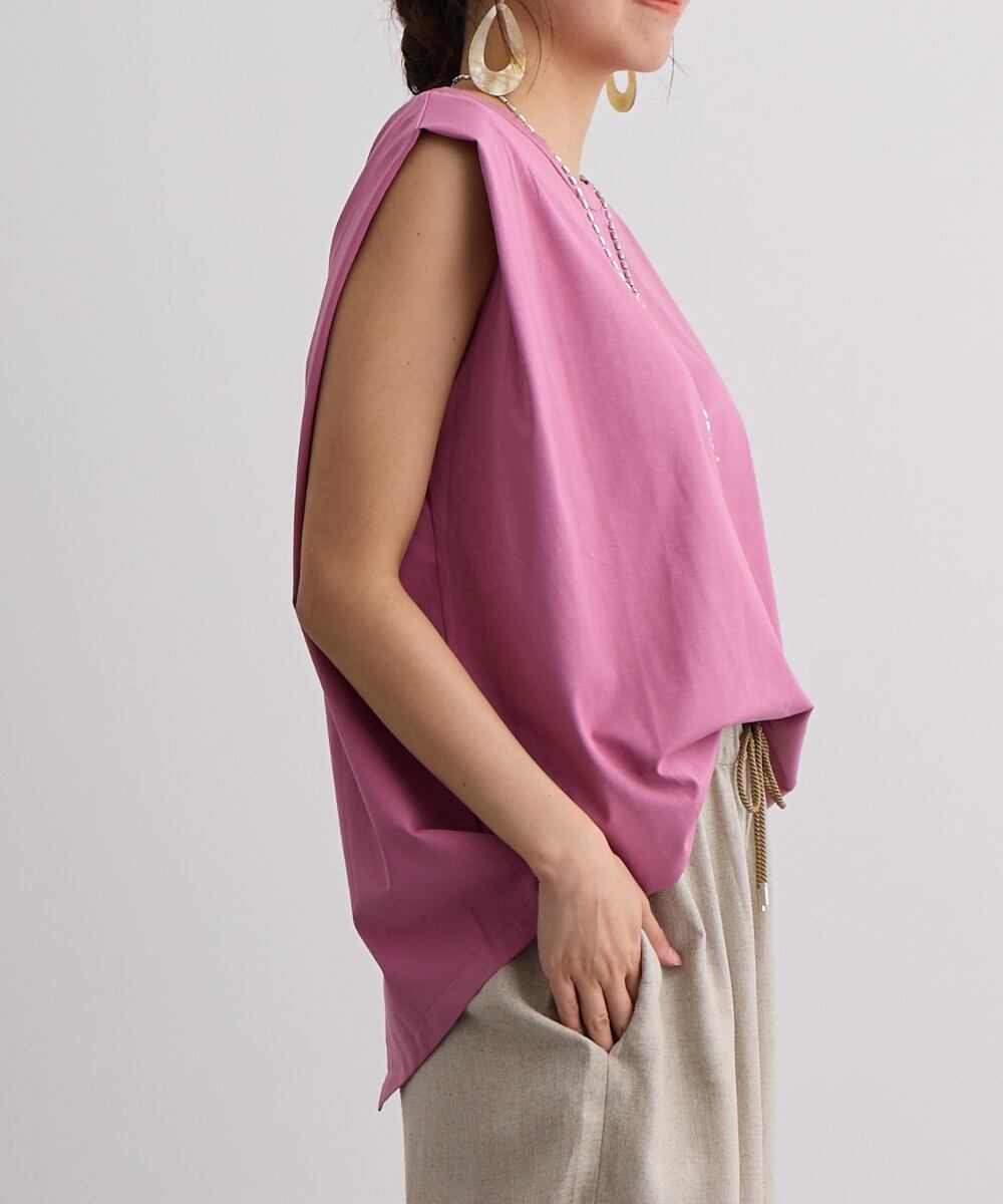 極美品✨ルネ フロントジップ ジャガード ノースリーブ イタリア製 ピンク Eclat one】フリンジ ジャガード カットソー ノースリーブ