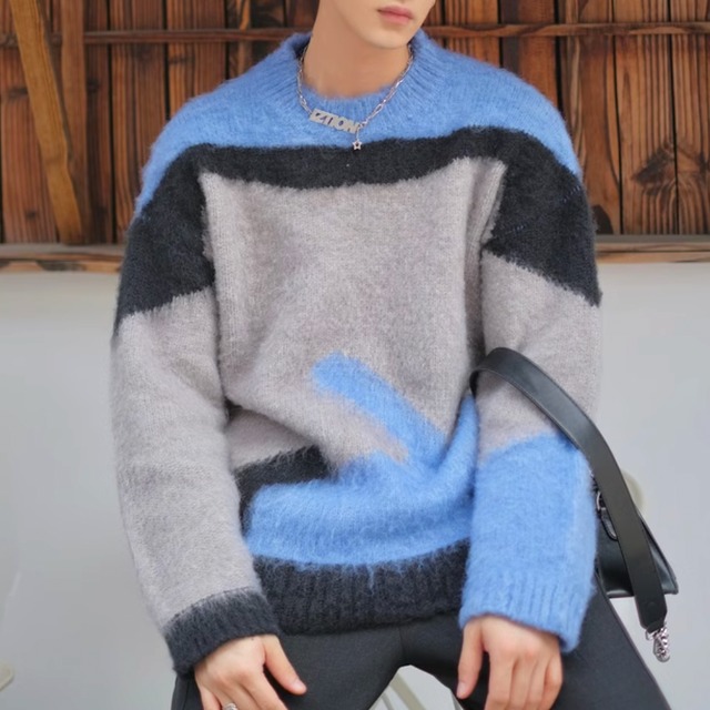 モヘア パッチワーク柄 セーター ニットトップス セーター ブルー グレー  韓国 メンズファッション