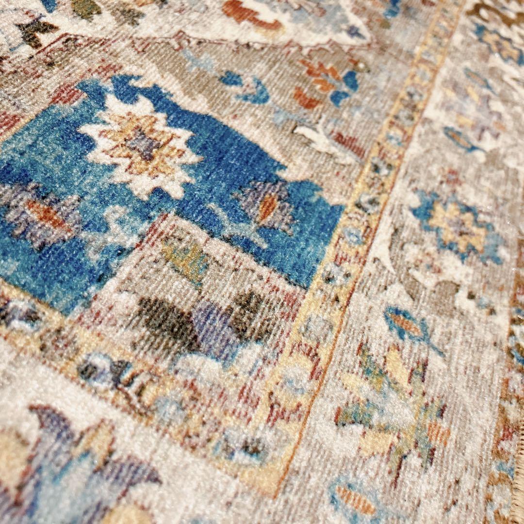 長方形 59×48 トルコ製絨毯 ラグ ペルシャ風 マット北欧エスニックグリーン
