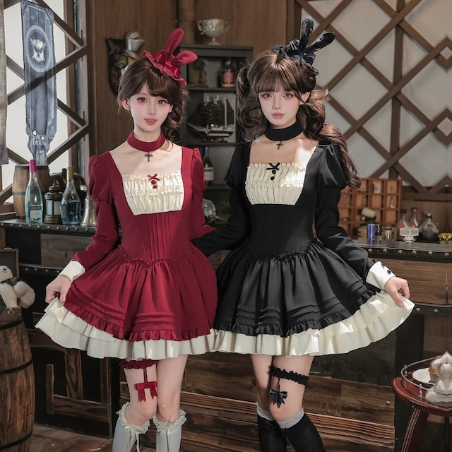 夜兎喫茶のクラシカルメイド フリルリボンレッグリング｜レッド・ブラック