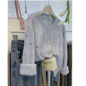 french-style knit sweater with pearl embellishments and distressed design <j2616>