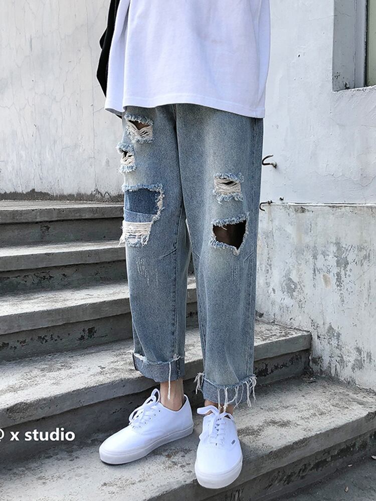 全1色 デニム パンツ ストレート カジュアル ダメージ おしゃれ