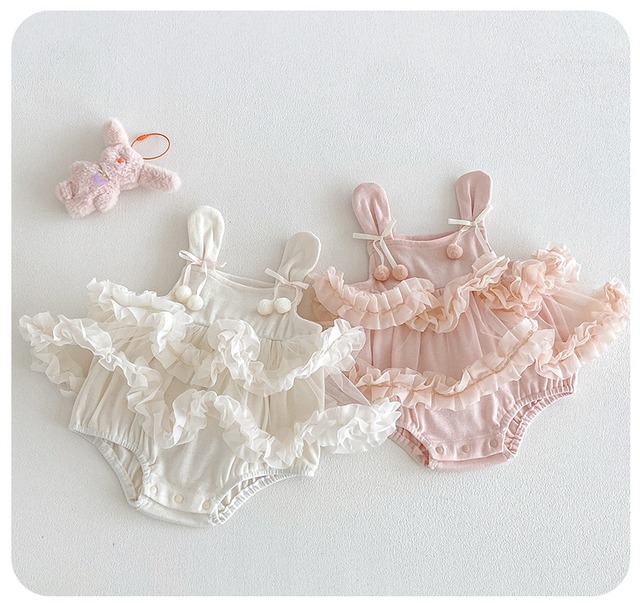 【BABY】うさ耳ニットチュールフリルロンパース - 12