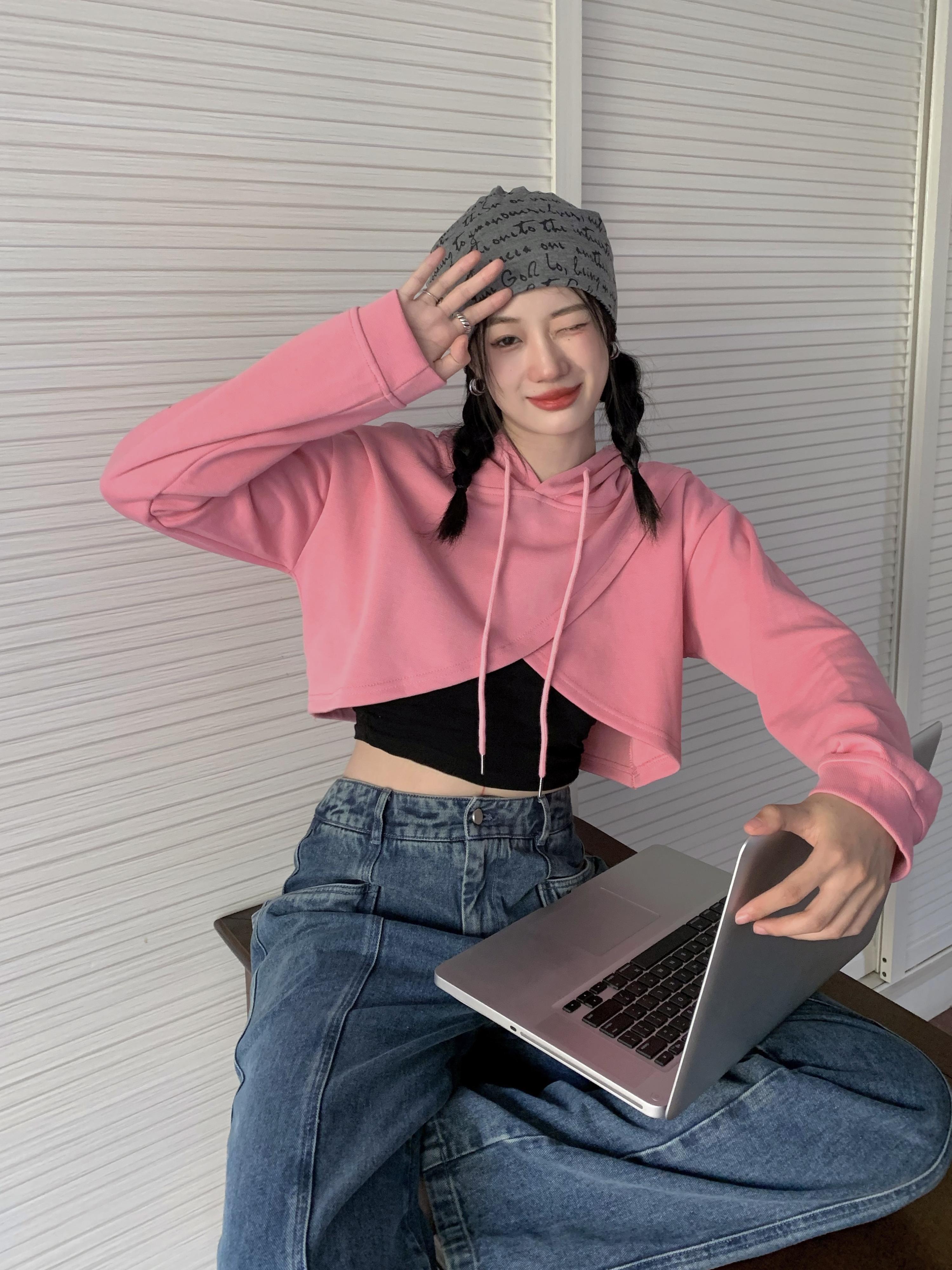 ショートルーズセーター オータムフードプルオーバー カジュアルトップス ロング ピンク 大人ガーリー スウィート キュート 秋物 モンロー4098193099