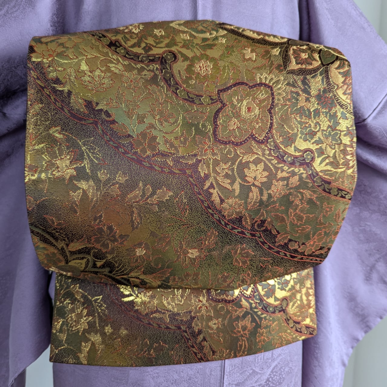 使用感少】袋帯 六通 本金箔 菱形華文織出し ゴールド✕ブラウン