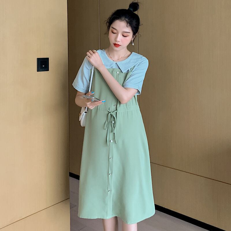 【新作】【送料無料】 マタニティウェア2020夏の新しいファッションステッチフェイクツーピースラペルドレス、トレンディなマザーミドル丈マタニティドレス-アリババ サマー 夏物 expec255588382590