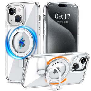 【人気】KMAMBNG iPhone 15 用 ケース 縦横両対応 リング 【多機能360度回転スタンド】MagSafe対応 ワイヤレス充電対応 半透明マット スマホケース 米軍規格 耐衝撃 カメラレンズ保護 車載ホルダー対応 6.1インチ アイフォン15 ケース (クリア iPhone 15)