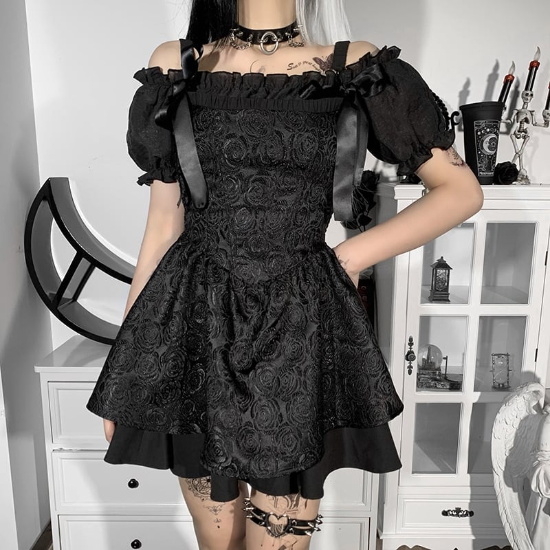 サブカル 服 地雷系 通販 ワンピ オフショル 黒薔薇 暗黒 Hard Gothic 闇かわいい パンク ストリート系バンギャ