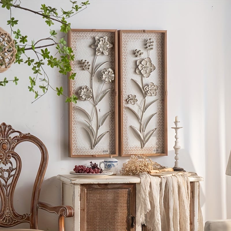 ウォールアート 花 2個セット アンティーク風 北欧 インテリア 壁掛け ヴィンテージ風 ホームデコ おしゃれ シンプル ホワイト リビング