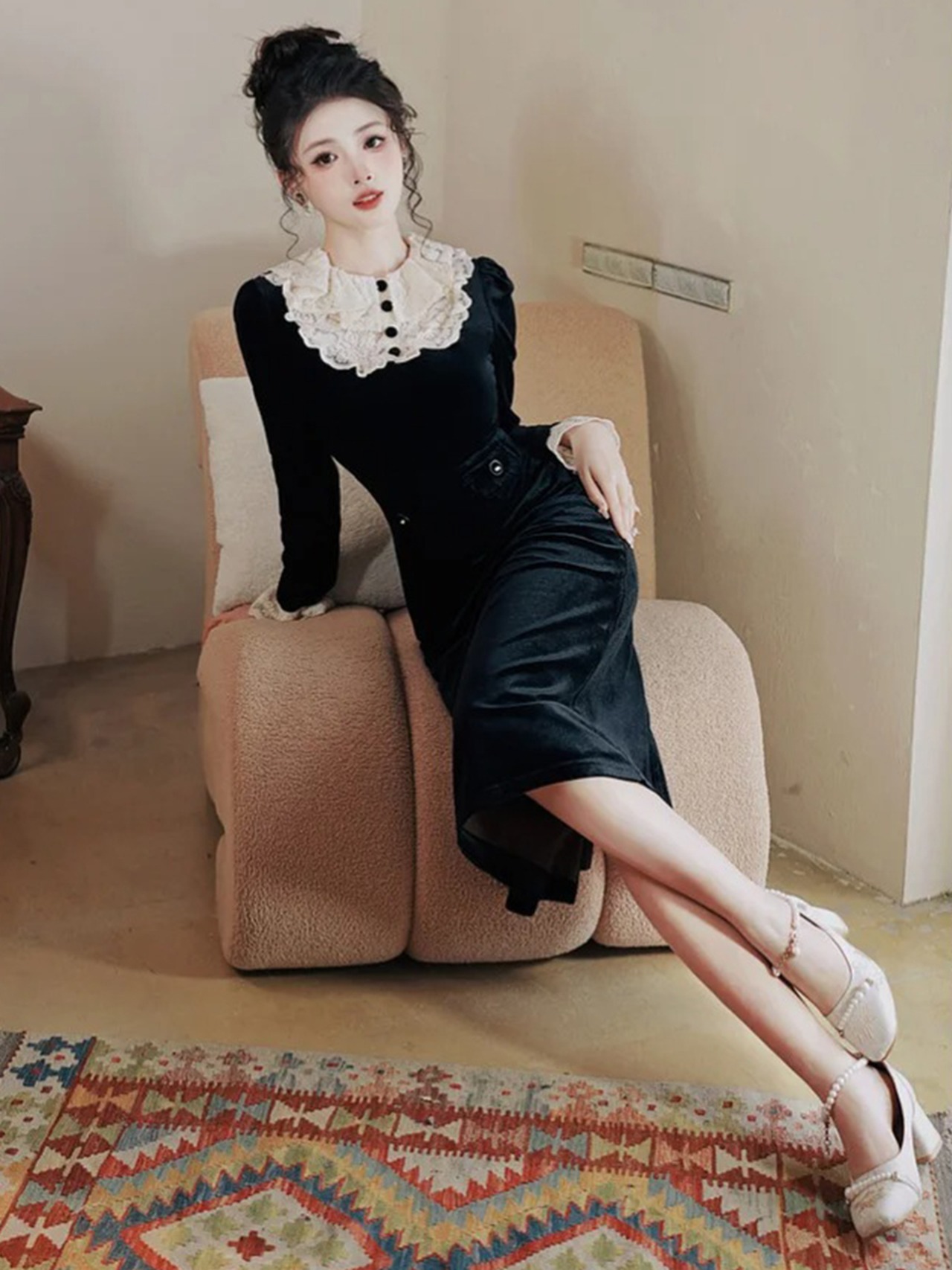 【0266】Velvet Retro Straight Long Sleeve Dress