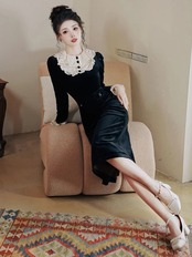 【0266】Velvet Retro Straight Long Sleeve Dress
