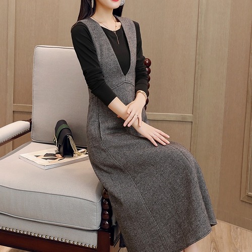 ワンピース　ひざ下丈　ノースリーブ　Aライン　トップス付き　大人可愛い　秋冬　BACB0029