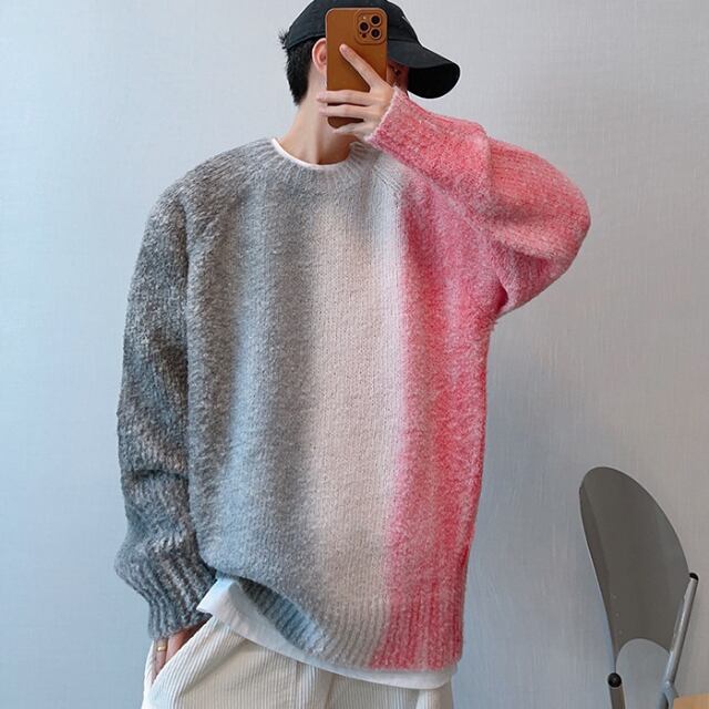【予約販売】ニット セーター オーバーサイズ スプレー グラデーション柄 ラウンドネック メンズ こなれ感 ストリート お洒落 韓国 トレンド 秋冬 M/L/XL/2XL