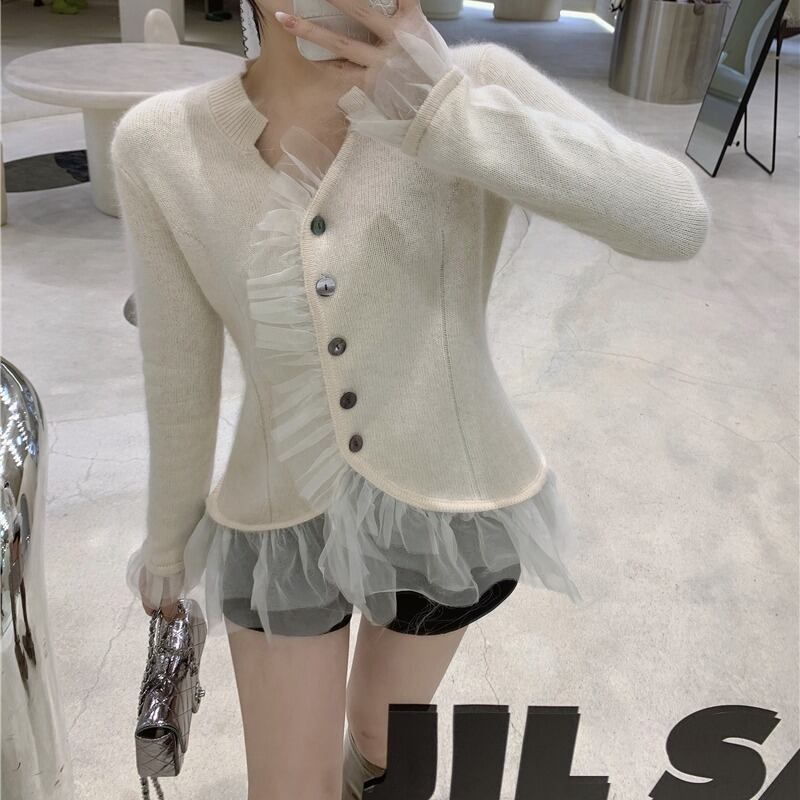 セーター スリムVネックニットトップス オータムウィンターメッシュカーディガンジャケット 秋物 冬物 ステッチ ブラックストロベリース78810003347