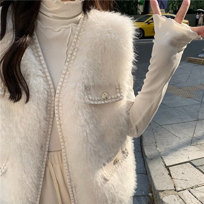 【M】ベストモコモコ あったか パープル 軽い 主婦 重ね着 ポケットストライプ