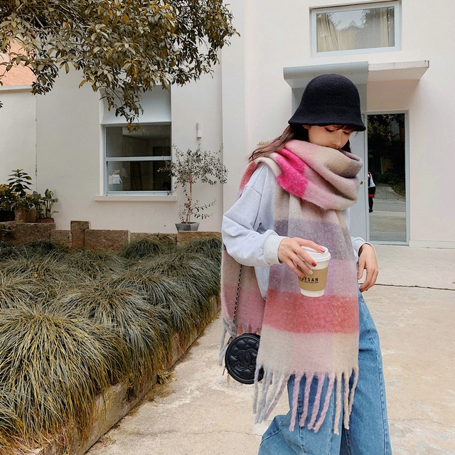 ブロックチェック ロングマフラー グレー/ベージュ/ピンク WT00033