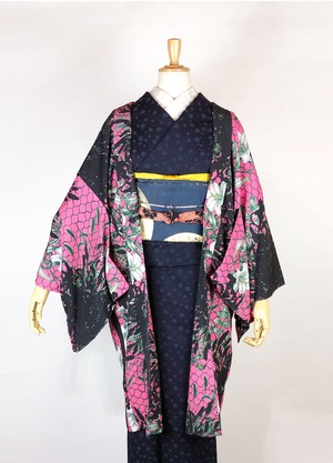 【M寸即納品あり】ポリエステル袷羽織　「境界線」ピンク