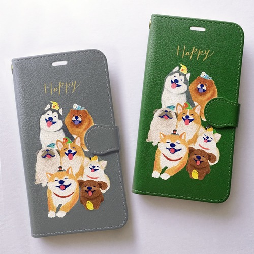 手帳型スマホケース ハッピーわんことゆかいな仲間たち