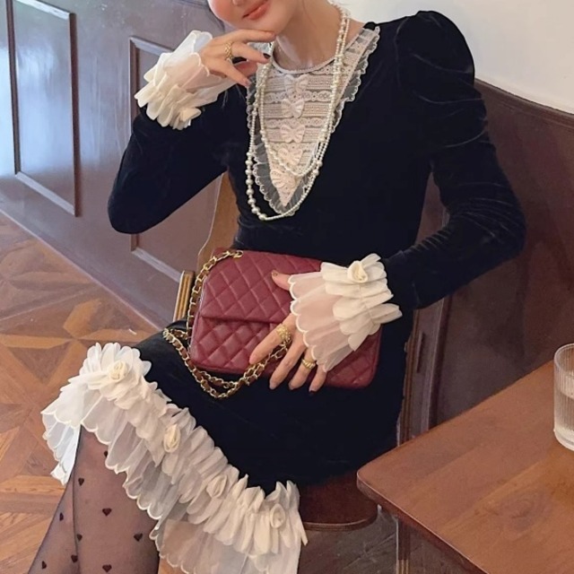 ヴィクトリアン フリルレース ベルベットワンピース 239210