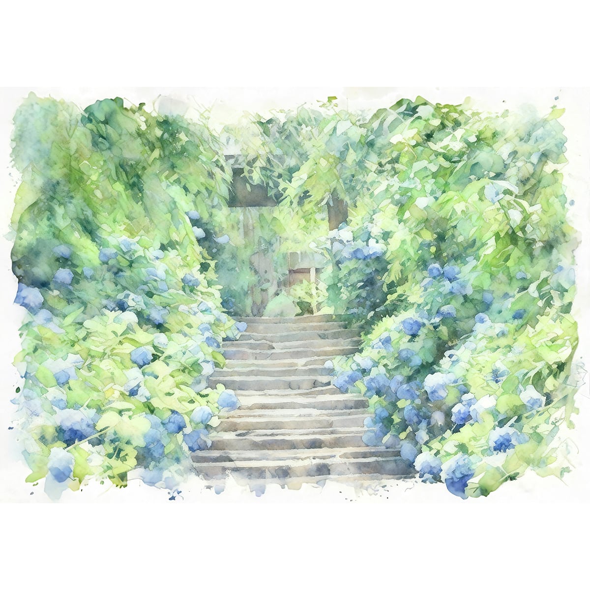 絵画 風景画 日本 神奈川県 鎌倉 明月院の紫陽花 インテリアアート額付き 水彩画風 WAT1735