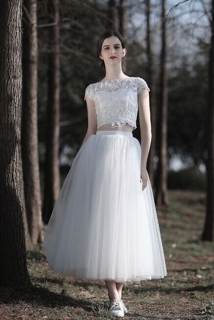 ウエディングドレス ホワイト レース トップス+スカート 短袖 人気上昇  