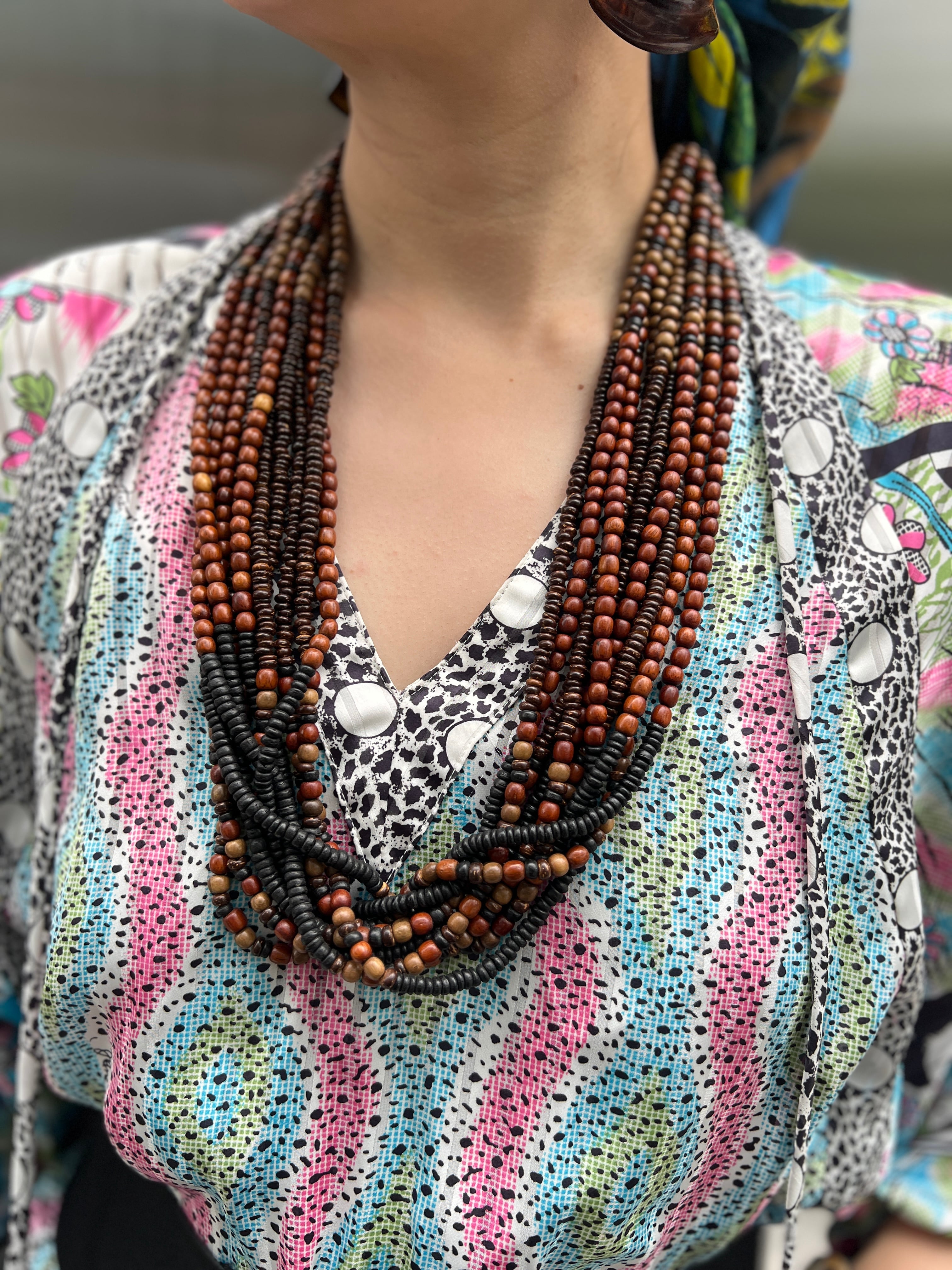 Vintage wood beads × horn long necklace