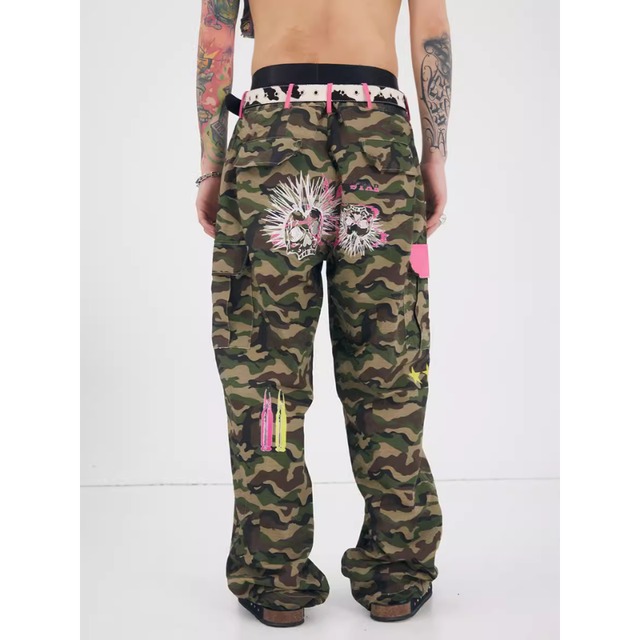 【DRIP5458】B8M Skull Embroidered Camouflage Straight Pants