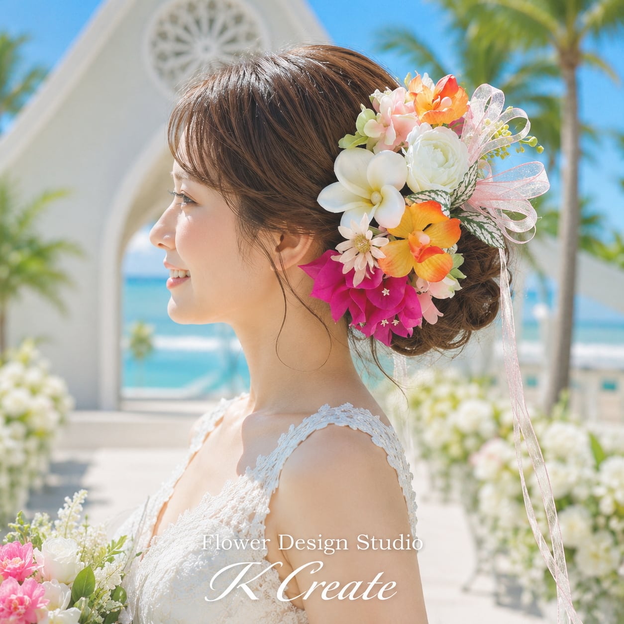 白い薔薇とプルメリアのヘッドドレス ヘアアクセサリー 結婚式 成人式 ウェディングドレス 前撮り 髪飾り 海外挙式 リゾ婚 ハワイ挙式 沖縄挙式 グアム挙式 花嫁ヘア 結婚式