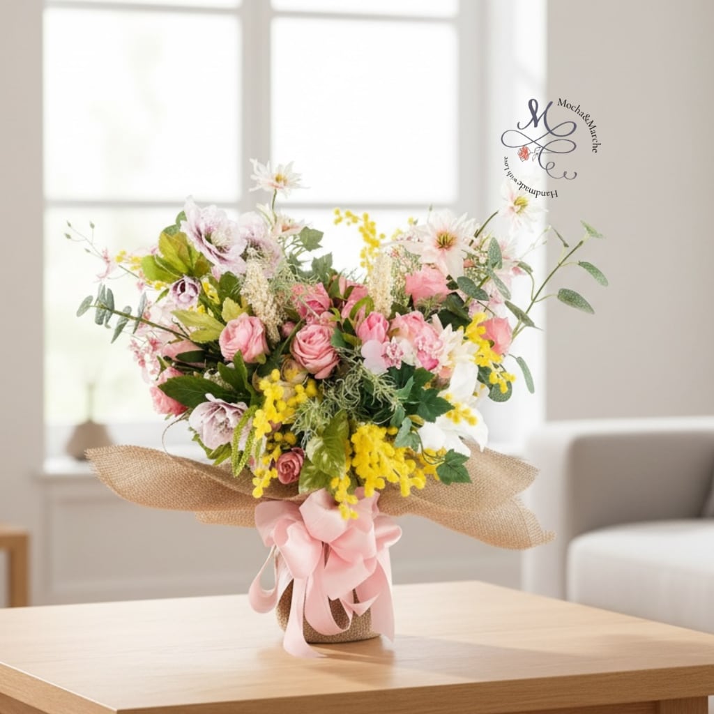 光触媒フラワー 春を束ねた飾る花束ブーケ｜ミモザ・クリスマスローズ