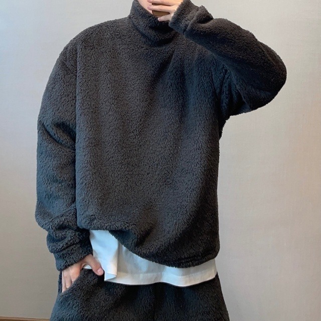 【予約販売】ボアトレーナー アウター トップス ハイネック 総ボア もこもこ 無地 ダークグレー 冬 防寒 ショート丈 メンズ カジュアル 男前 こなれ感 お洒落  韓国 トレンド 秋 冬 M/L/XL/2XL