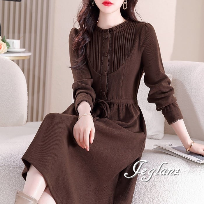 ニット ワンピース ボタン ドロスト きれいめ シンプル派(MA805)γ