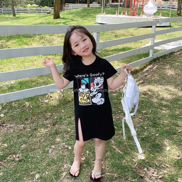 即納：【90㎝-150㎝】Tシャツ　半袖　スリット　ワンピース　キャラクター　韓国版　女の子　韓国子供服　子供服　キッズ　