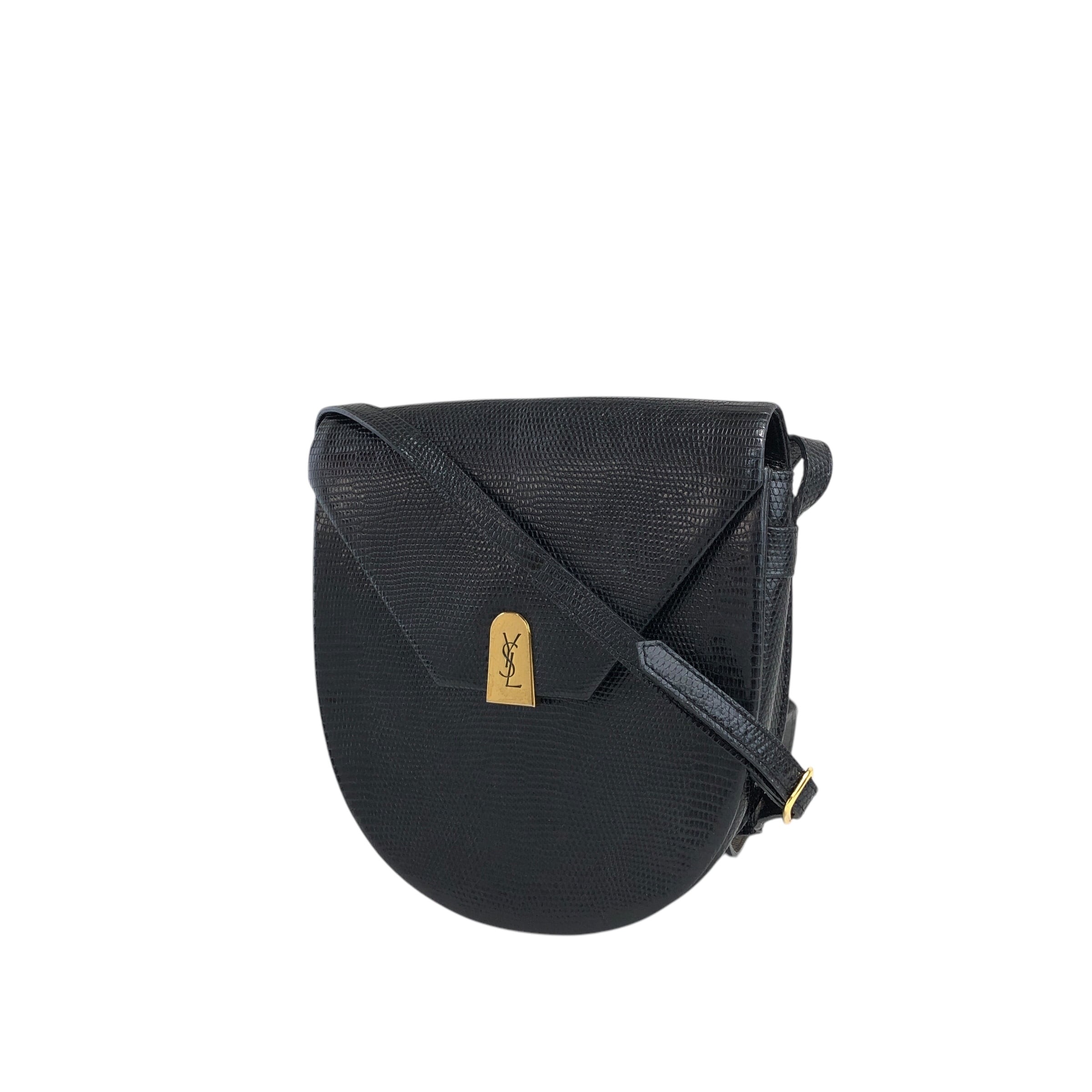 イヴサンローラン YVES SAINT LAURENT ショルダーバッグ リザード型押し ブラック レディース F-B6890 レディース] ヴィンテージ イヴサンローラン ショルダーバッグ 型押し