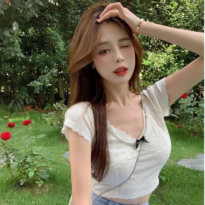 サマースタイルVネックリボンレッドショートハイウェストトップス Tシャツ 大人ガーリー スウィート キュート カジュアル 夏物 ドラファッションホール63437810932