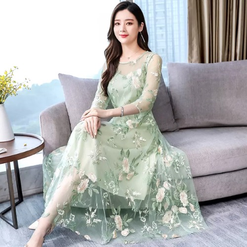 パーティードレス レディース 結婚式ドレス ワンピースドレス 演奏会ドレス ラウンドネック 刺繍 花柄 フラワー シースルー メッシュ きれいめ エレガント お呼ばれ おしゃれ フォーマル 七分袖