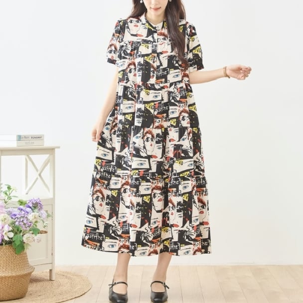 マキシワンピース ポップアートイラスト総柄 バンドカラー N82-624 ブラック TRUBE ミセス M L fmsd 配色ワンピース ゆったり 体型カバー 大人カジュアル きれいめ 半袖 上品 ミセス 春夏